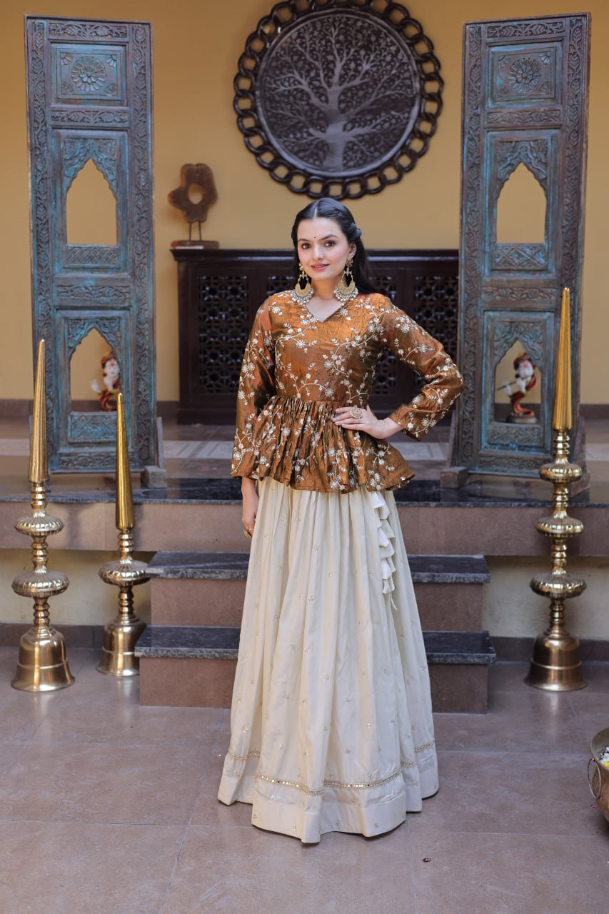Rust Gold Floral Embroidered Peplum Top With Off-White Lehenga Skirt Set