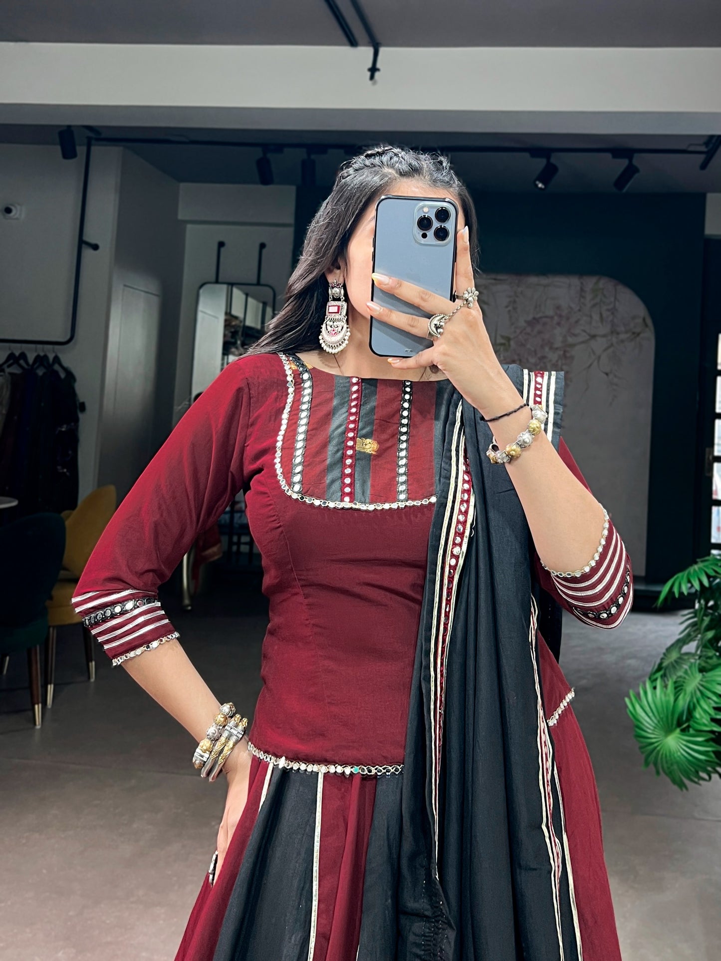 Maroon Black Panelled Lehenga Choli With Zari Border And Mirror Work