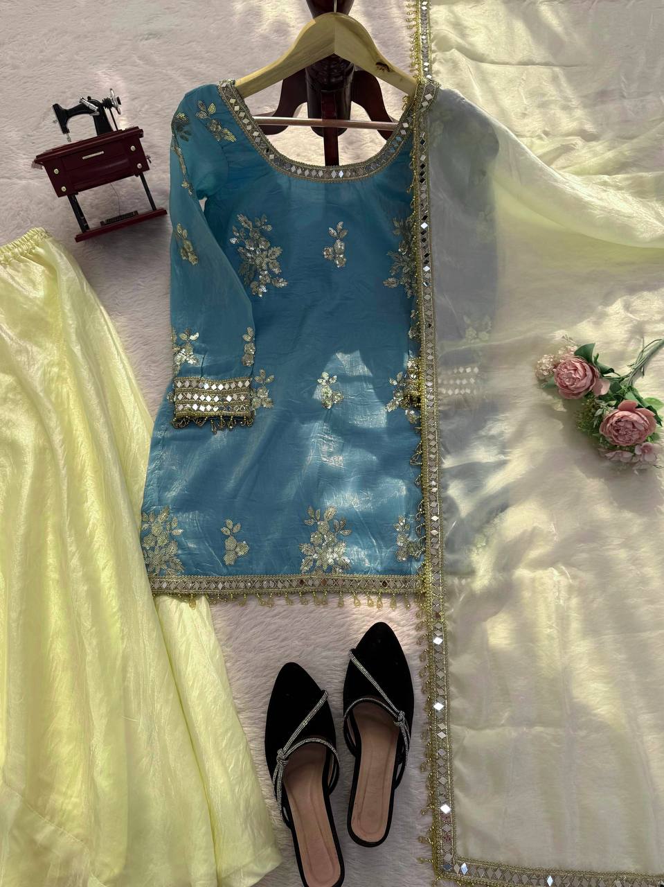 Ice Blue Embroidered Kurta With Plazo And Dupatta – Festive Contrast Set
