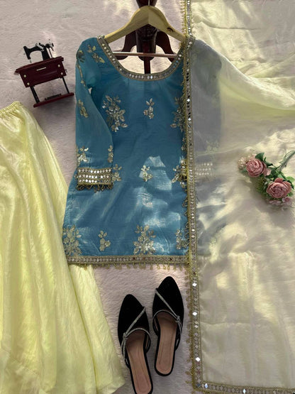 Ice Blue Embroidered Kurta With Plazo And Dupatta – Festive Contrast Set