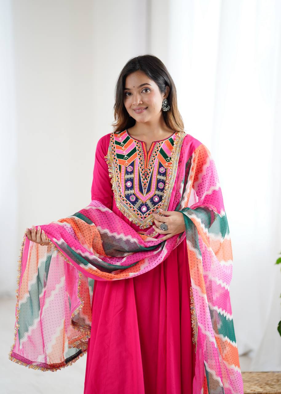 VIBRANT PINK ANARKALI SUIT WITH MULTICOLOUR EMBROIDERED DUPATTA