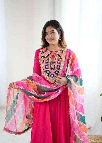 VIBRANT PINK ANARKALI SUIT WITH MULTICOLOUR EMBROIDERED DUPATTA