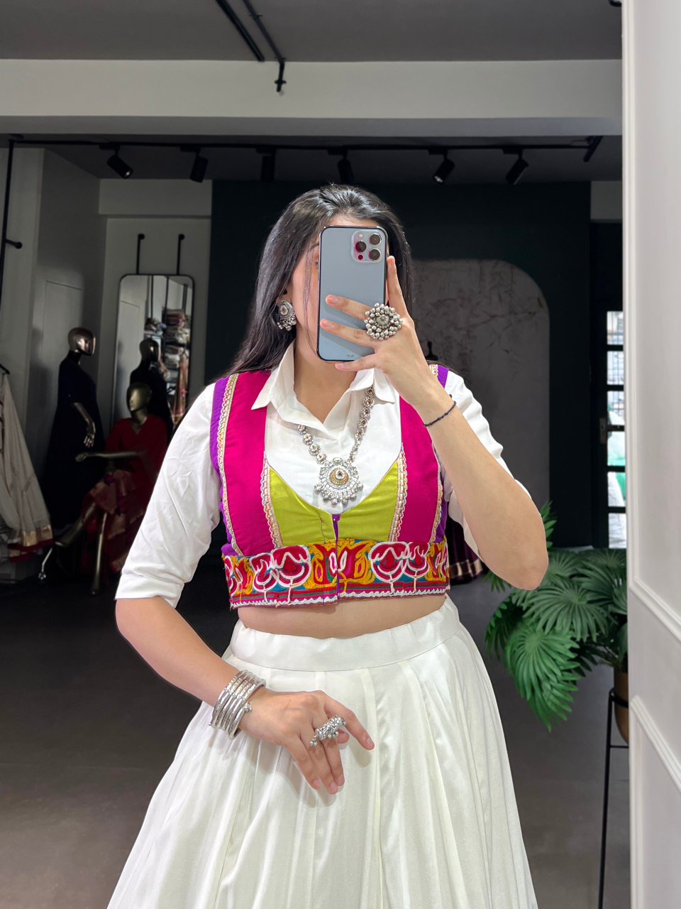 White Multicolor Panel Lehenga Choli With Embroidered Contrast Blouse