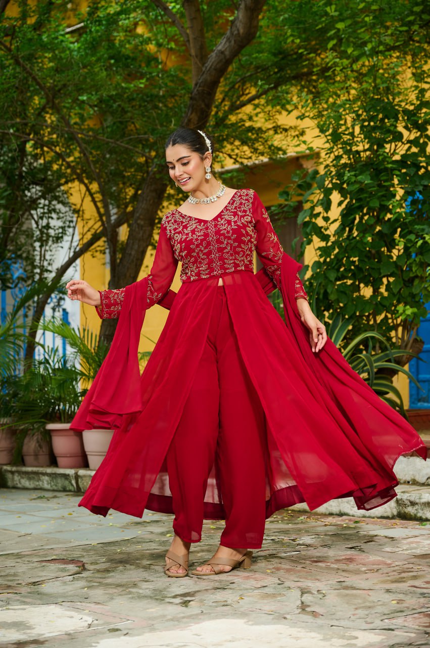 Traditional Red And Purple Embroidery Anarkali Duo