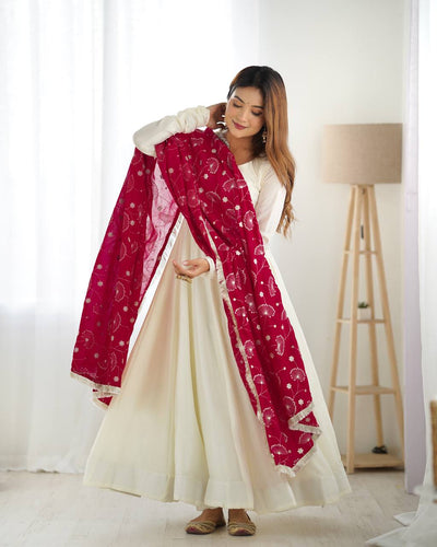 Elegant White Vichitra Silk Anarkali Set With Black Embroidered Dupatta