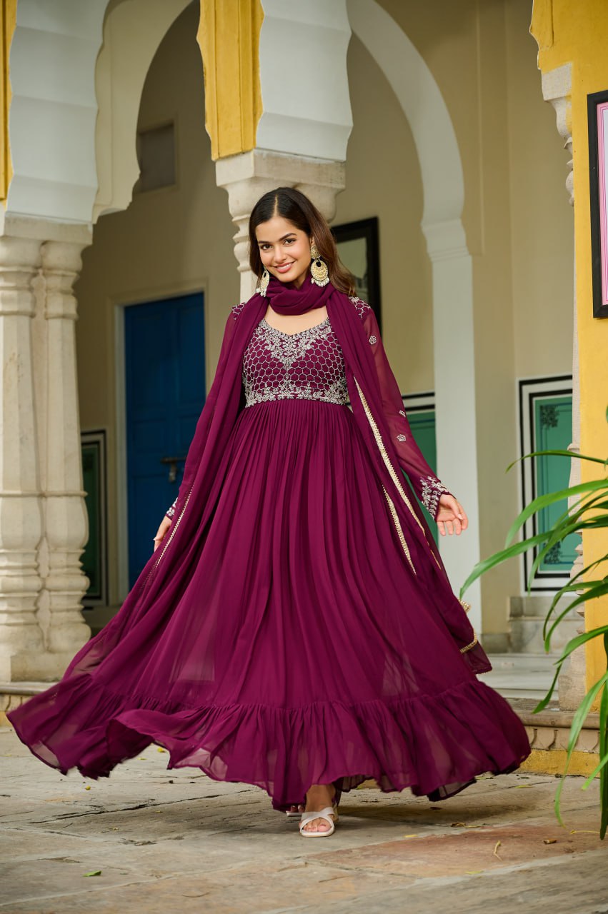 Royal Plum With Embroidered Georgette Anarkali Set