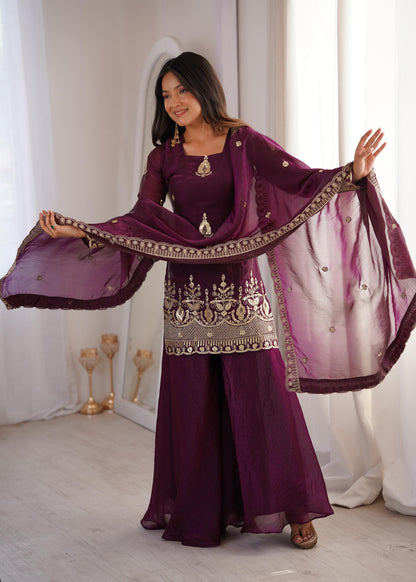 Heavy Gold Zari Embroidered Palazzo Suit Set With Dupatta
