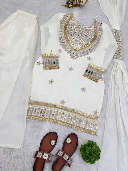 White Silk Sharara Suit With Real Mirror Work And Gold Lace Work