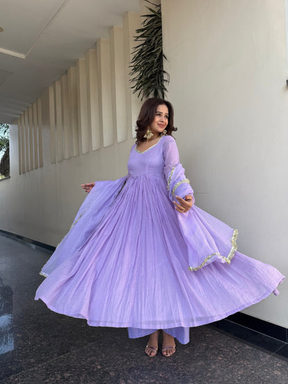 Lavender Cotton Anarkali Set with Dupatta
