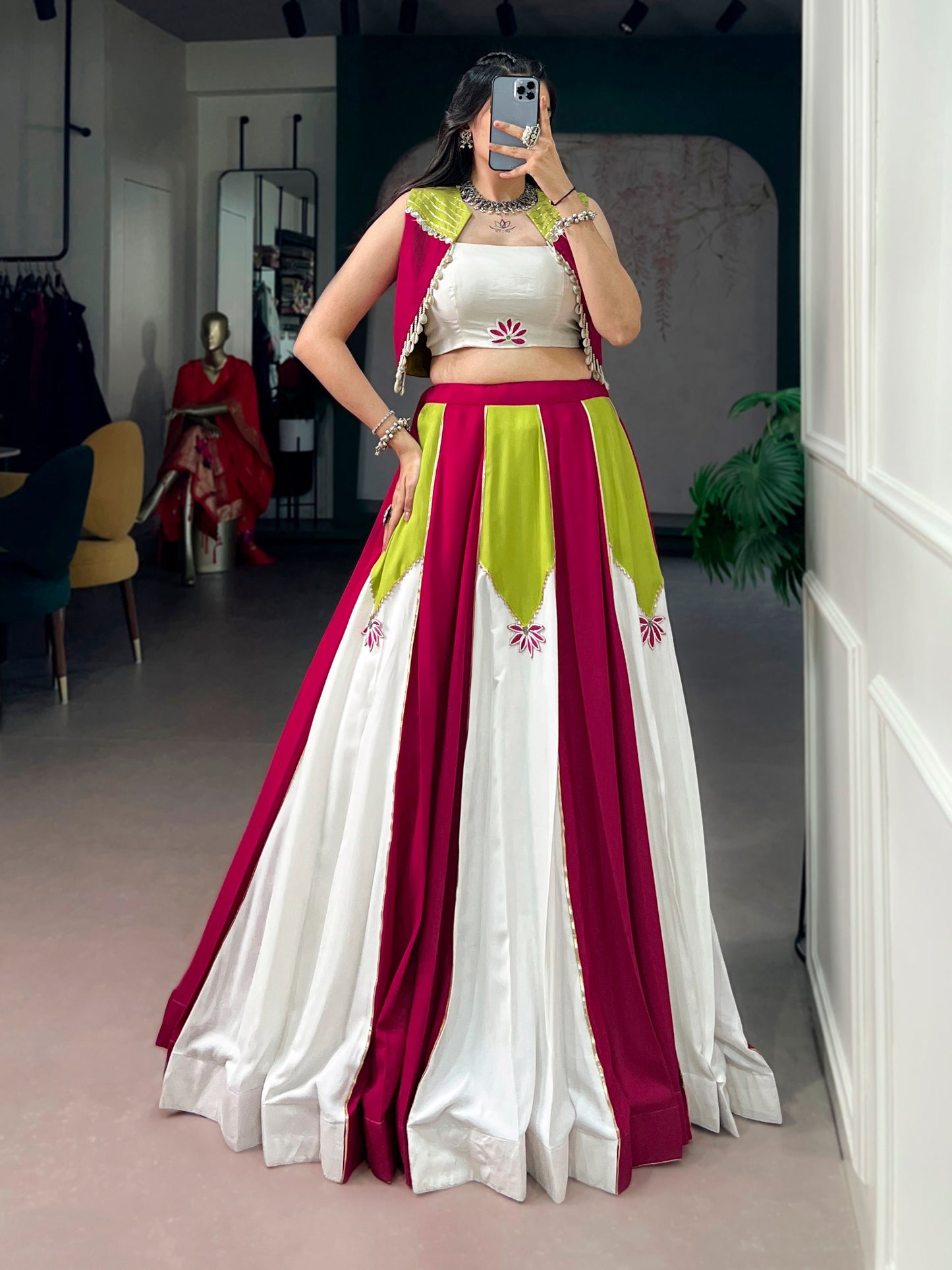Color Block Indo-Western Lehenga Set With Jacket - Pink, Lime Green And White