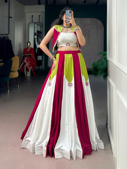 Color Block Indo-Western Lehenga Set With Jacket - Pink, Lime Green And White