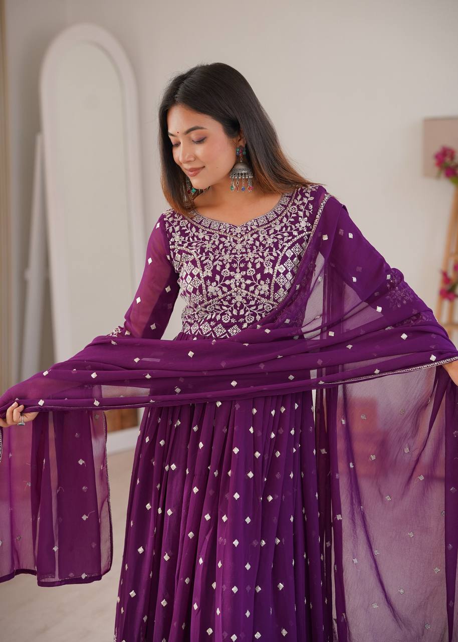 Purple Faux Georgette Anarkali Suit With Designer Embroidery