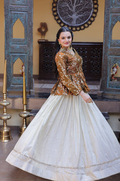 Rust Gold Floral Embroidered Peplum Top With Off-White Lehenga Skirt Set