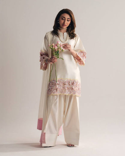 Elegant Off-White Silk Kurti With Pink Floral Embroidered Sleeves With White Salwar