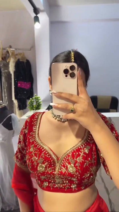 Red Embroidered Sweetheart Neck Blouse with Mermaid Lehenga Skirt And Net Dupatta Set