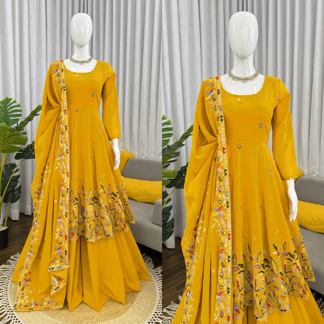 Yellow Embroidered Anarkali Suit With Floral Dupatta And Plazzo
