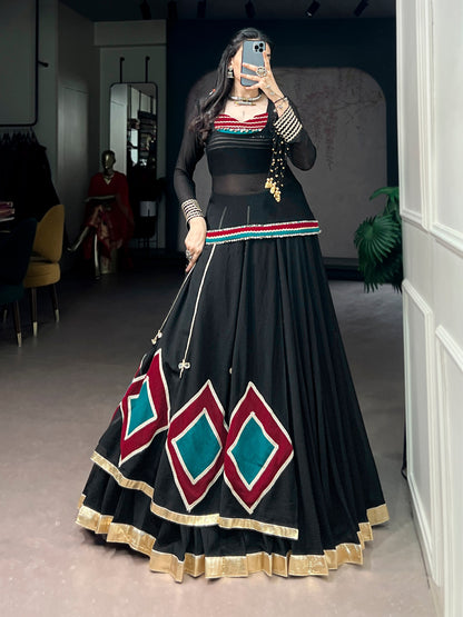 Black 7 Meter Flair Lehenga Set With Mirror Work Blouse