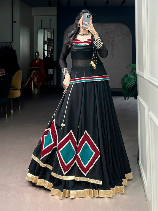 Black 7 Meter Flair Lehenga Set With Mirror Work Blouse