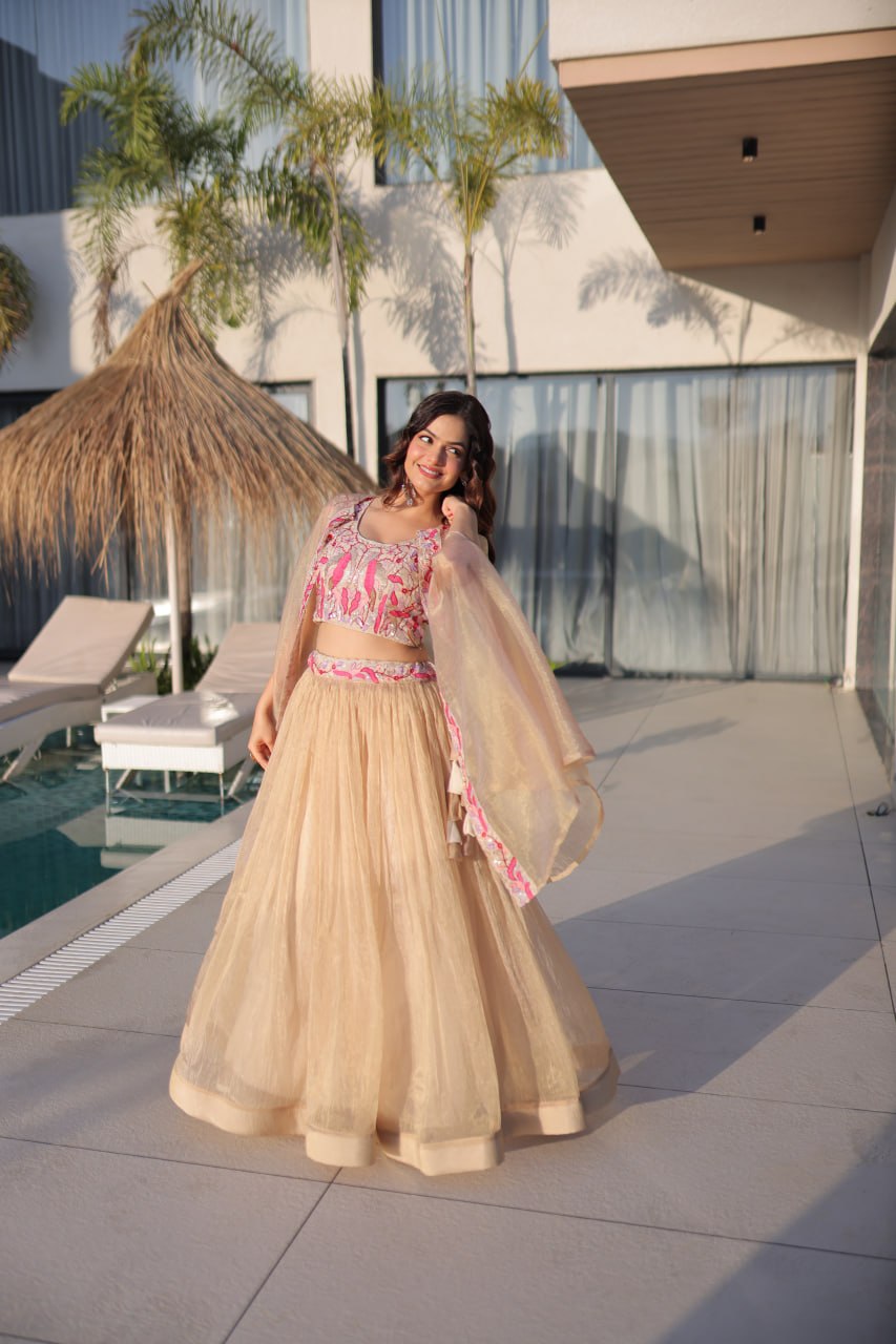Dusty Pink Sequined Embroidered Lehenga Set With Beads Work Blouse