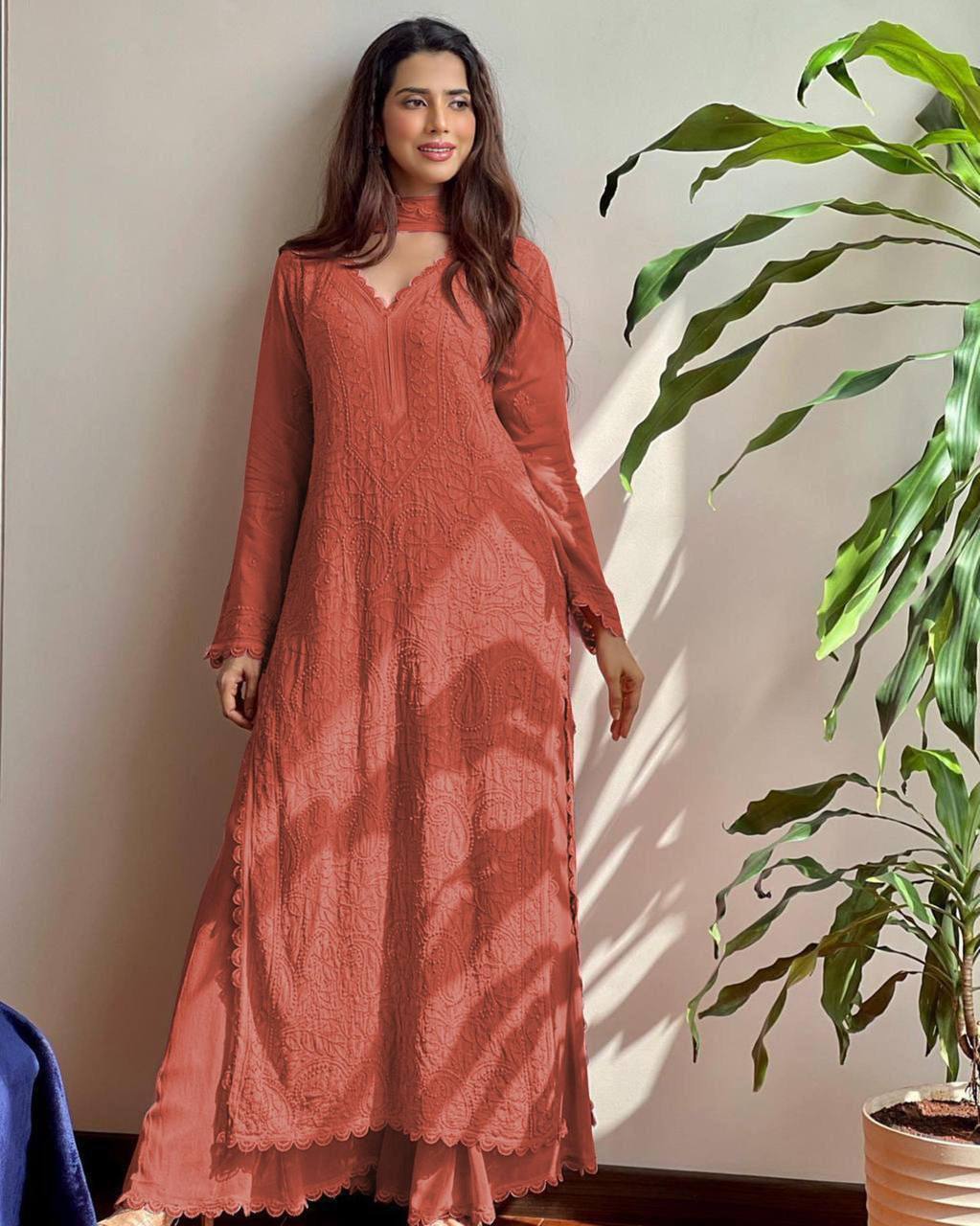 Orange Chikankari Kurti With Lace Detail And Full Length Ethnic Wear