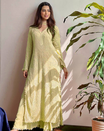 Light Yellow Chikankari Kurti With Lace Detail And Full Length Ethnic Wear