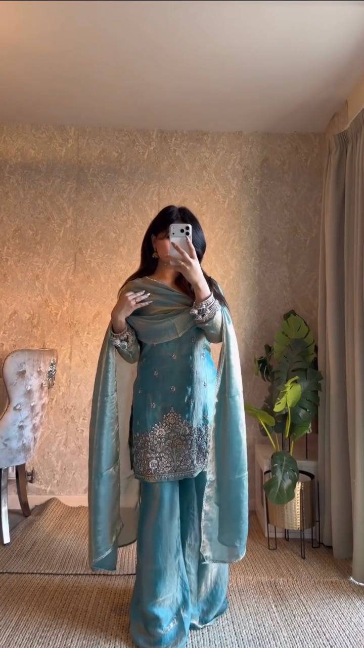 Ice Blue Silk Plazzo Suit With Heavy Zari And Sequins Embroidery