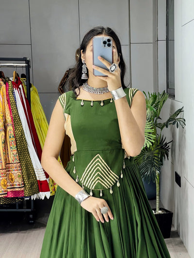 ELEGANT BOTTLE GREEN LEHENGA WITH GOLDEN BORDER