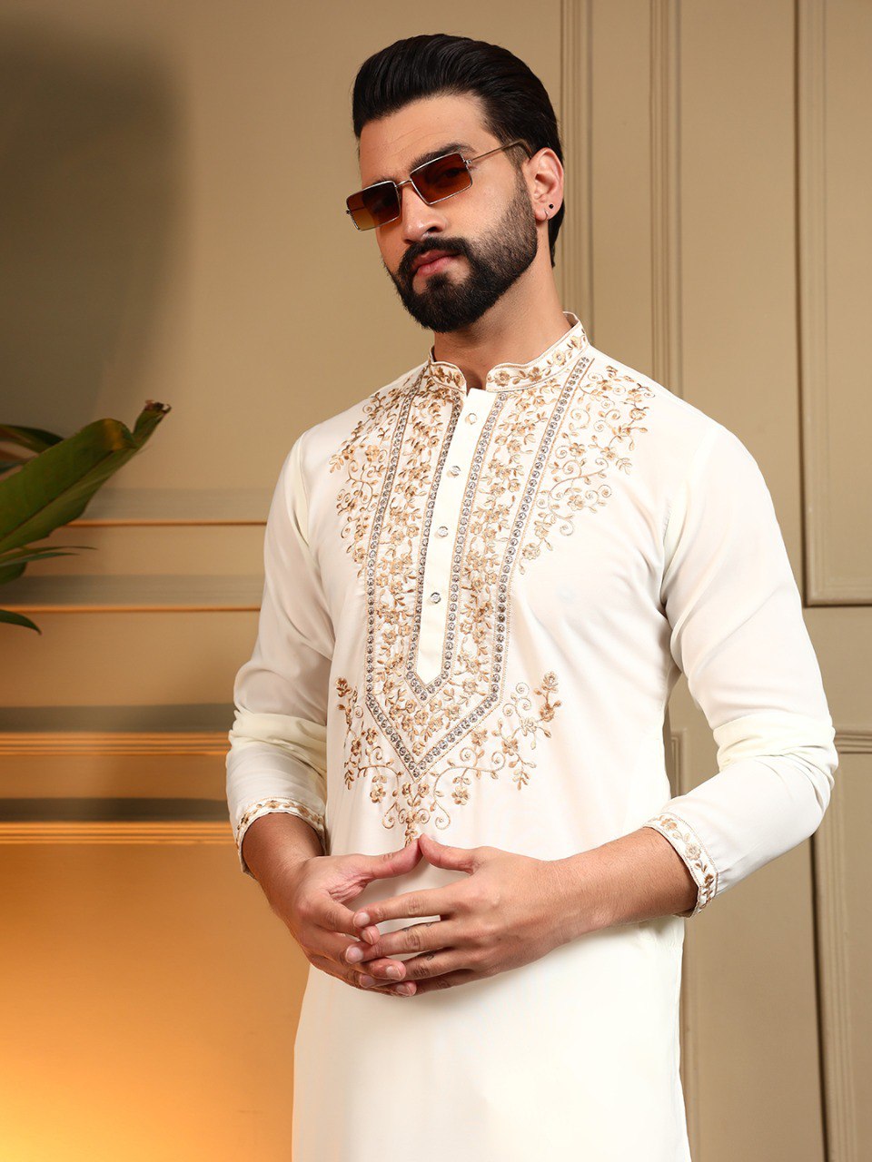 Classic Designer Embroidered Kurta Set For Men With White Pajama