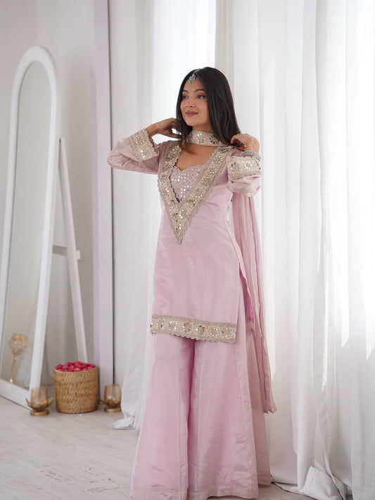 Baby Pink Mirror Work V-Neck Kurta Palazzo Set With Dupatta