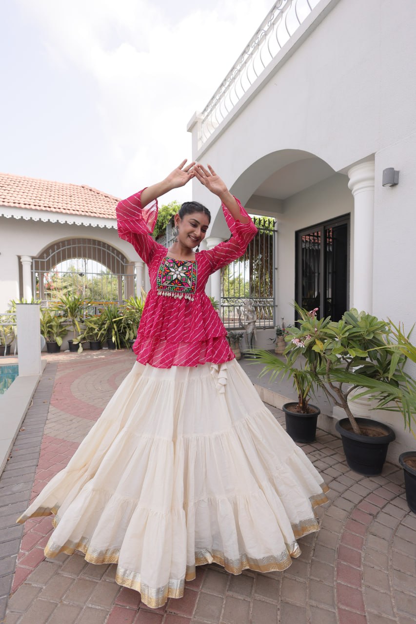 12 Meter Layered Flared Lehenga Choli With Kutchi Mirror Work And Leheriya Ruffle Top