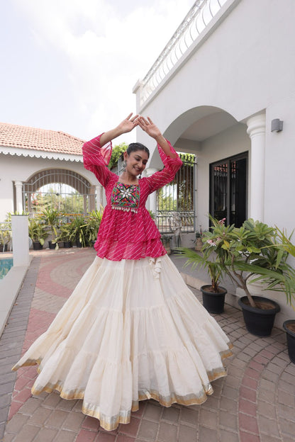 12 Meter Layered Flared Lehenga Choli With Kutchi Mirror Work And Leheriya Ruffle Top