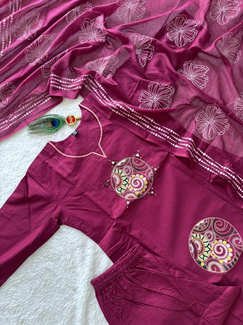 Cotton Kurti Set With Embroidery And Matching Printed Dupatta