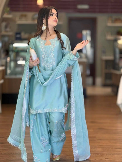 Light Blue Embroidered Moti Work Suit With Dupatta