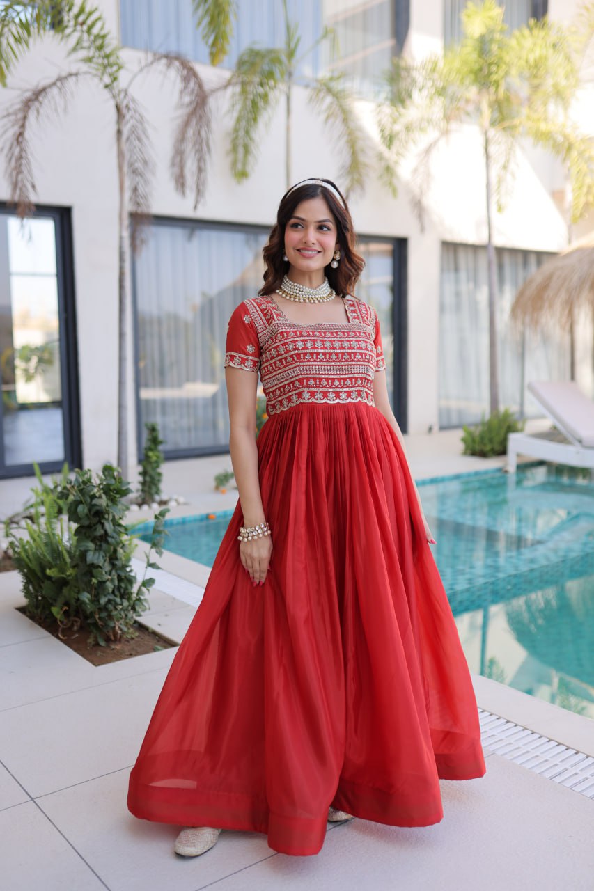 Red Silk Anarkali Gown With Heavy Zari Embroidered