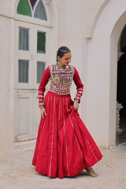 Designer Lehenga With Kutchi Gamthi Embroidered Blouse And Mirror Work
