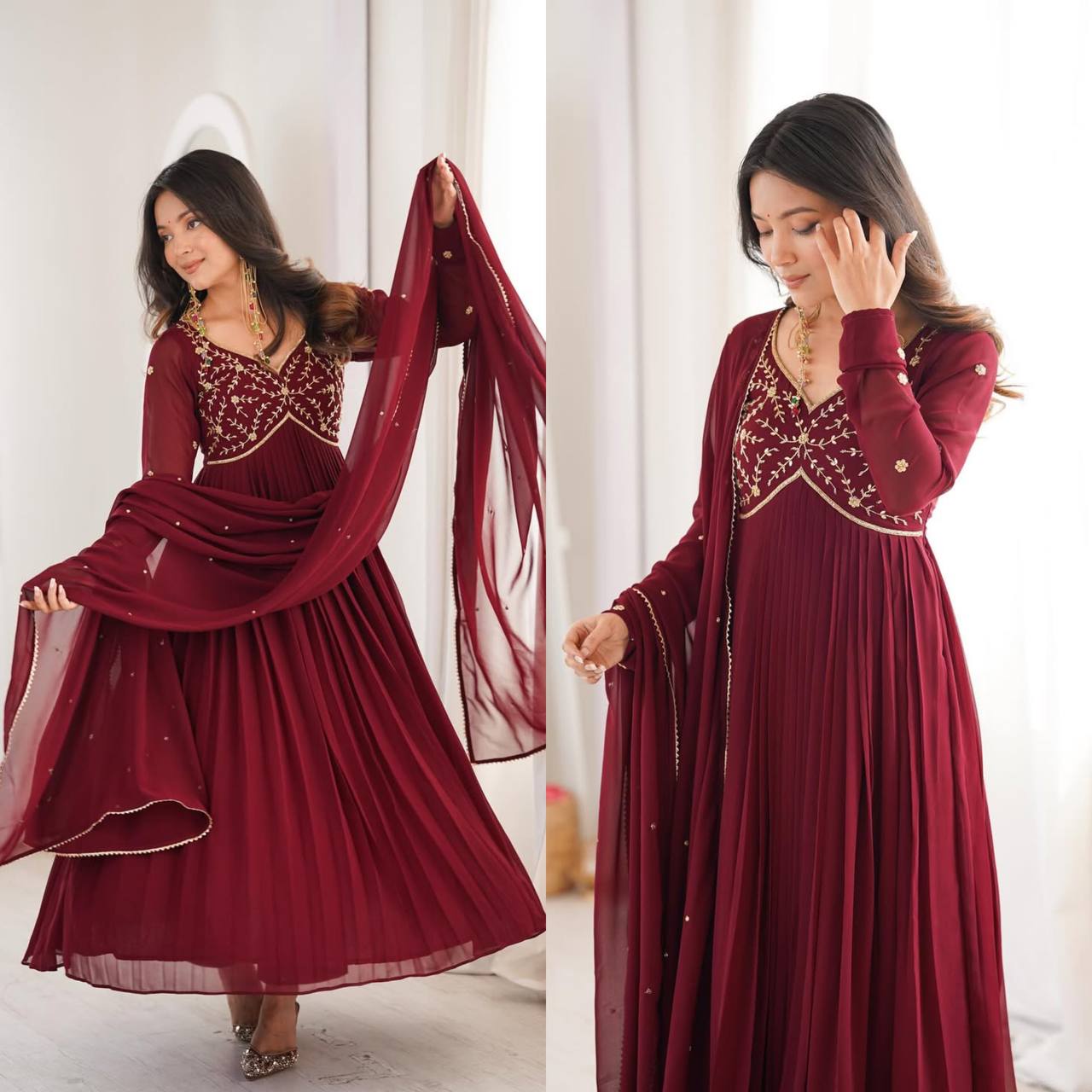 Maroon Anarkali Suit With Gold Embroidery And Dupatta