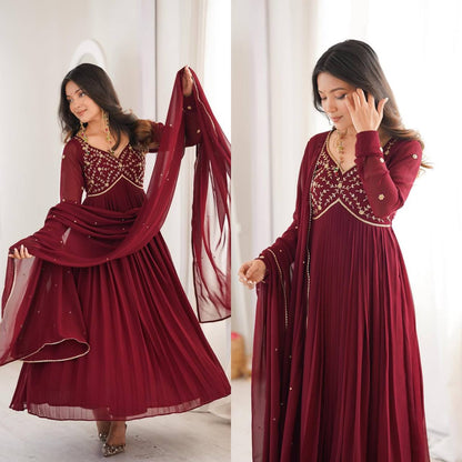 Maroon Anarkali Suit With Gold Embroidery And Dupatta