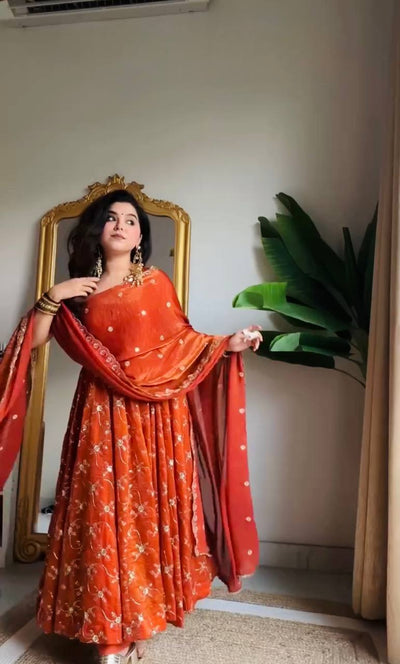 Elegant Orange Embroidery Anarkali Suit With Dupatta