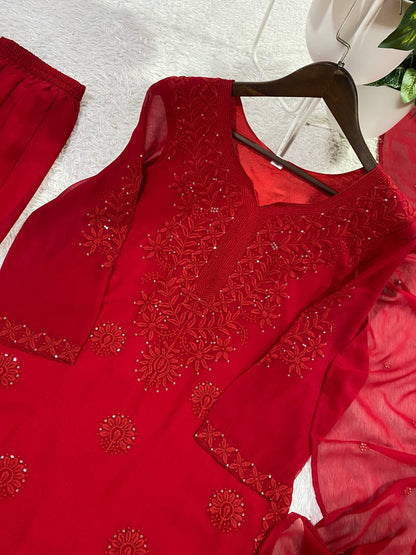 Red Sharara Suit With Embroidery Work And Dupatta