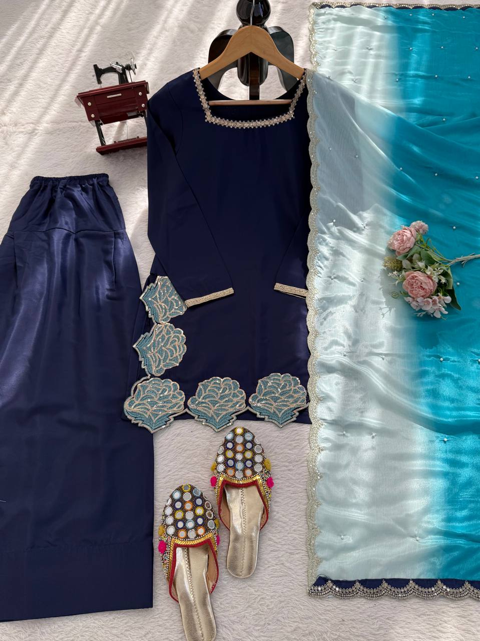 Navy Blue Farshi Suit With Sequnce Work And Shaded Dupatta