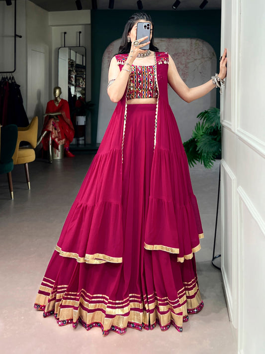Magenta Pink Layered Lehenga Choli With Mirror Work Blouse And Gota Border Jacket Dupatta