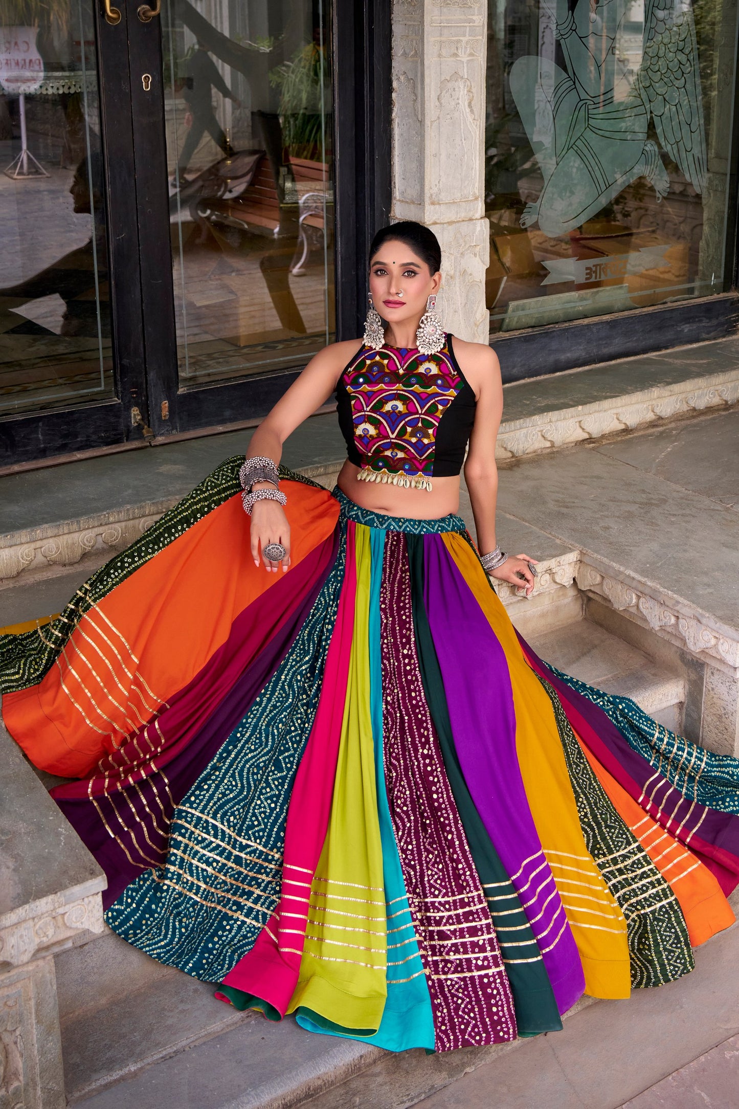 8 Meter Ultra Flair Multicolor Panelled Lehenga Choli With Gamthi Mirror Work Halter Blouse