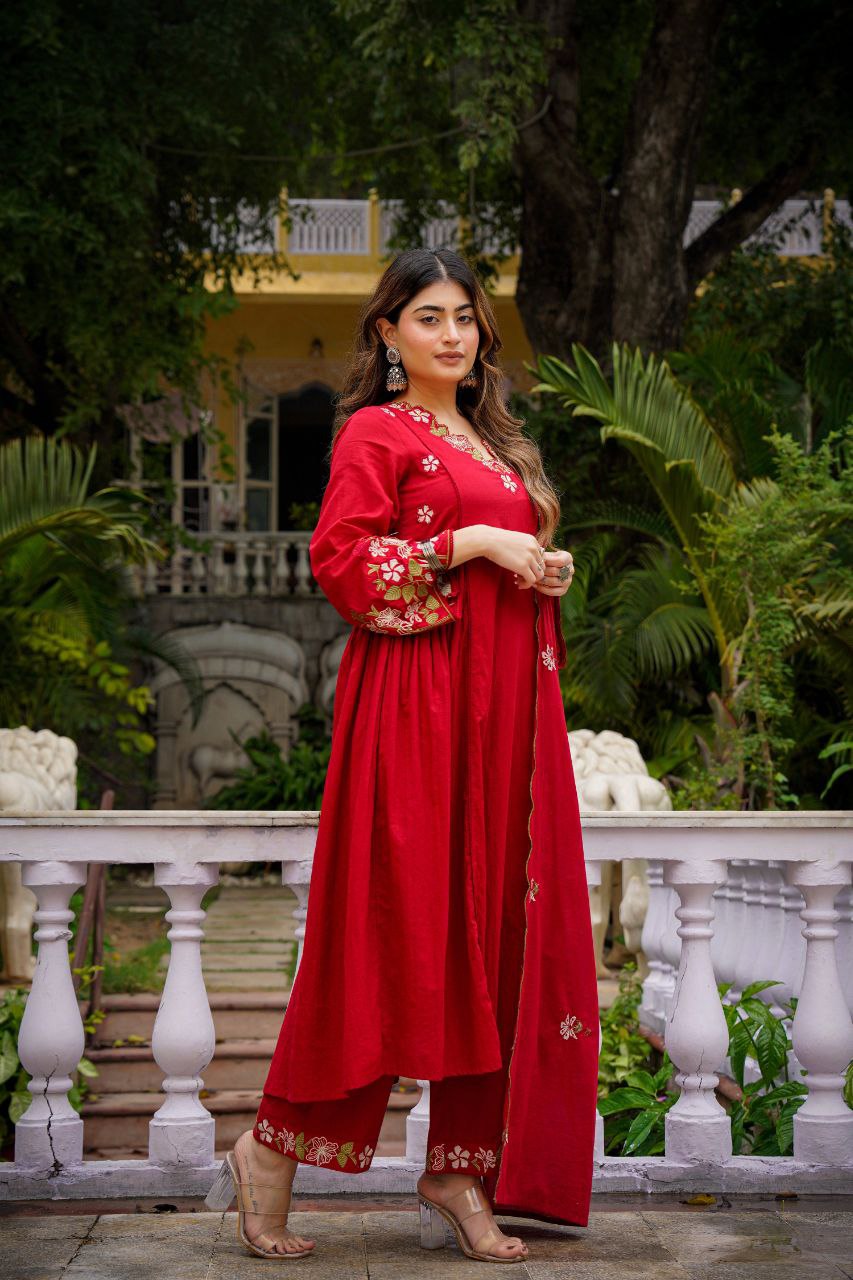 Red Silk Anarkali Suit With Floral Embroidery And Matching Dupatta – Ethnic 3‑Piece Set
