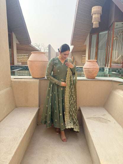 Green Anarkali Suit With Gold Embroidery And Matching Dupatta | Ethnic Festive Outfit