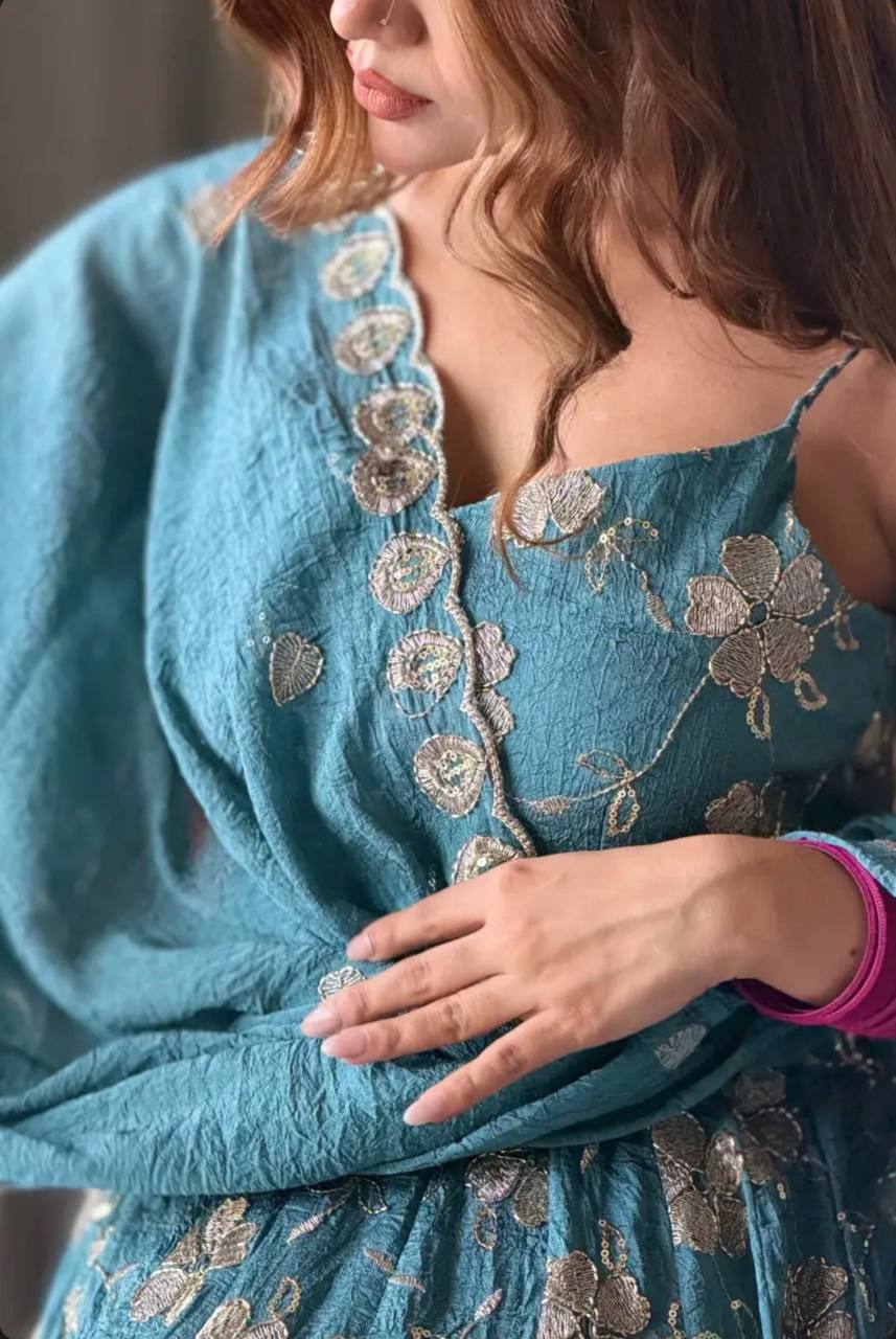 Teal Blue Crunchy Tissue Anarkali With Gold Zari Floral Embroidery