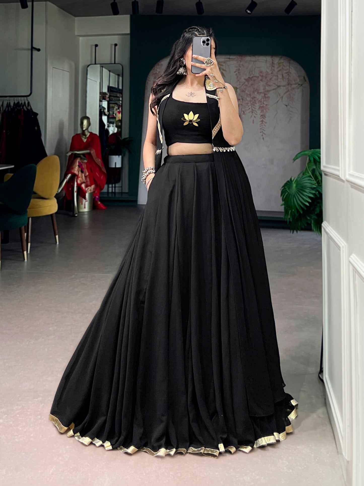 Black 6 meter Flared Lehenga Choli With Embroidery Blouse