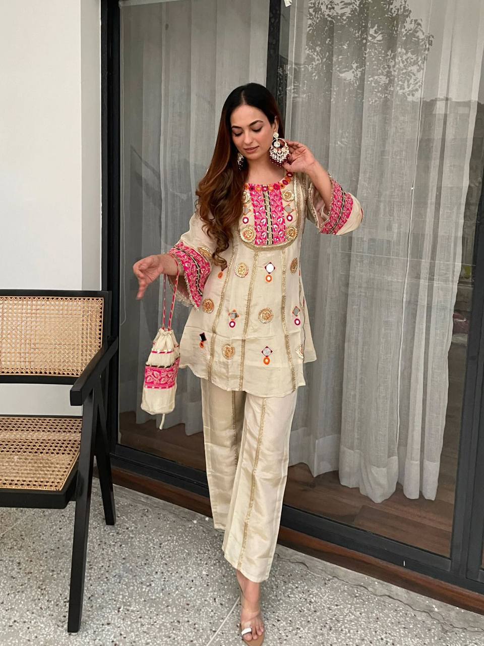 Ivory Mirror And Gota Patti Embroidered Co-ord Set With Potli Bag