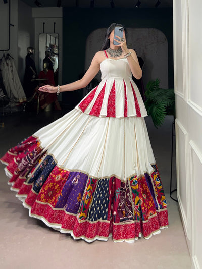 White And Red Peplum Style Lehenga With Multicolor Bandhani Border