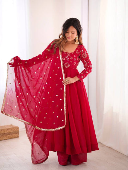 Cherry Red Sequins Embroidered Anarkali Suit Set With Dupatta