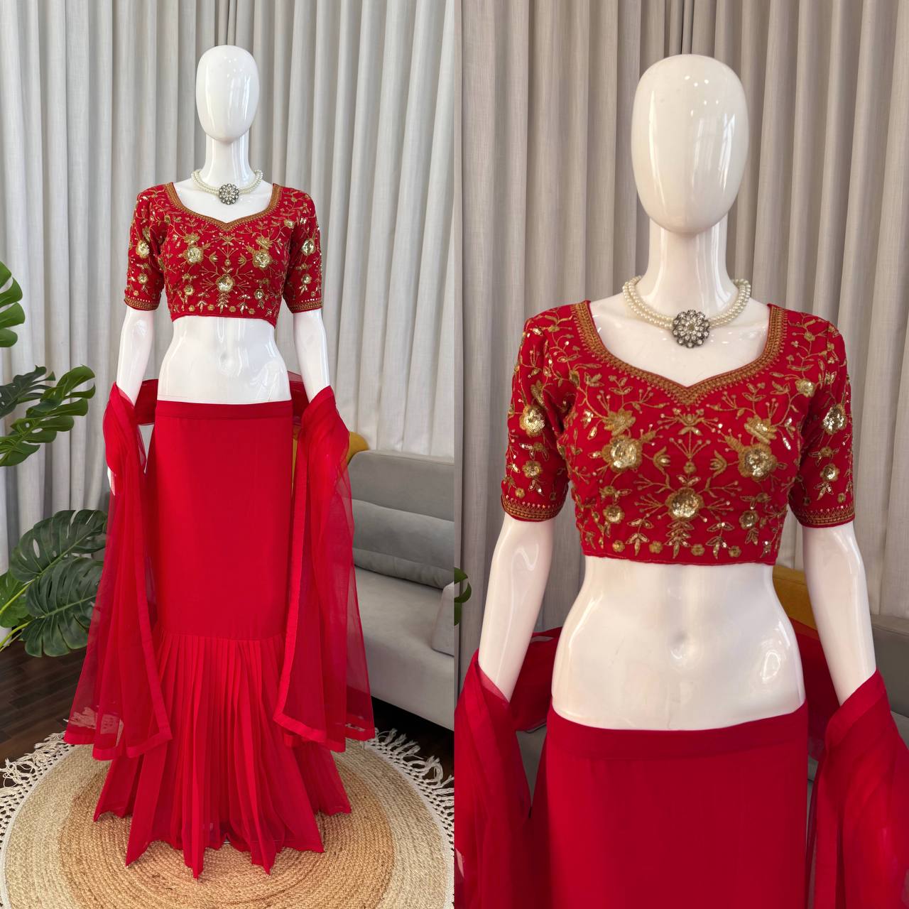 Red Embroidered Sweetheart Neck Blouse with Mermaid Lehenga Skirt And Net Dupatta Set